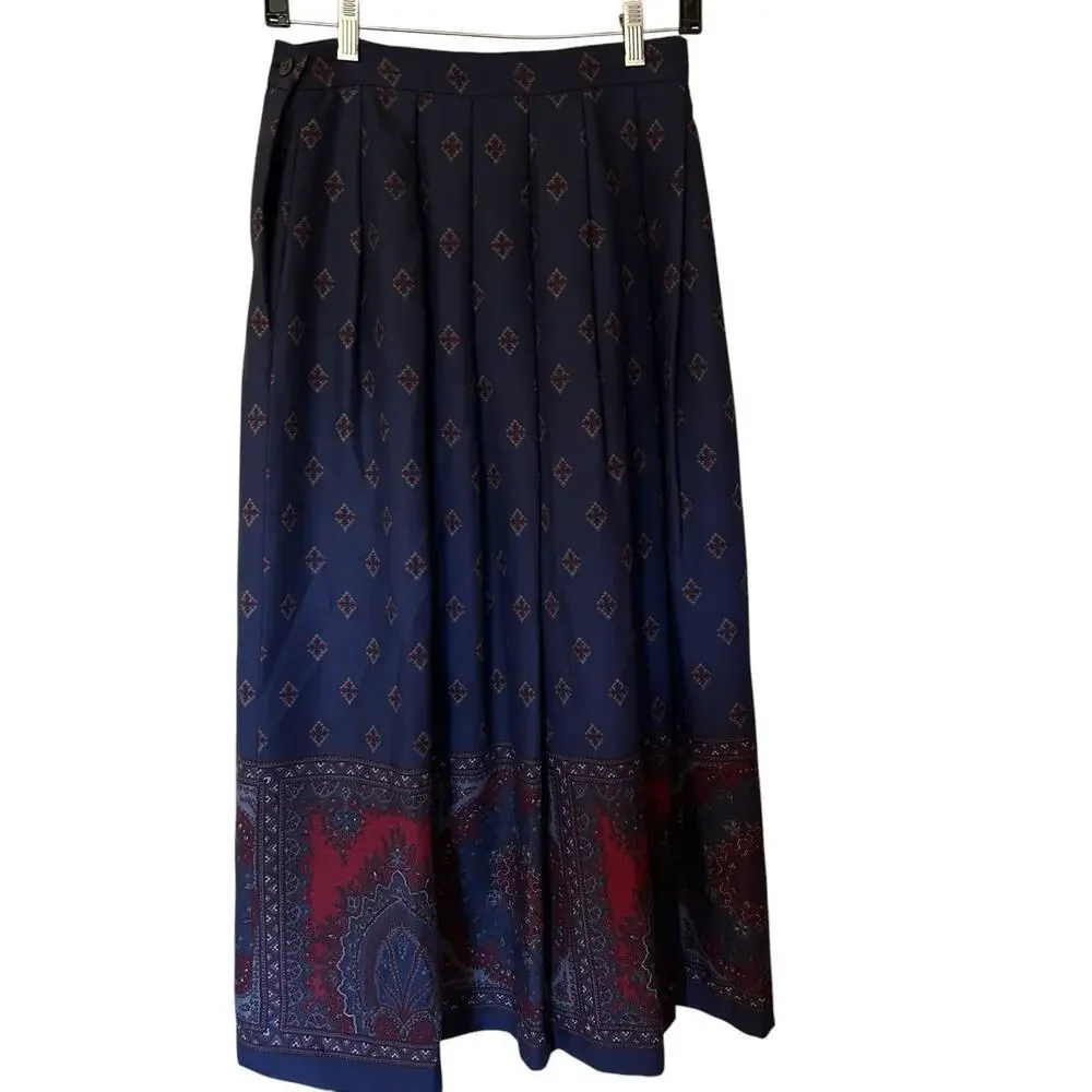 Vintage Talbots Paisley Geometric 100% Wool Navy/Burgundy Midi A-Line Skirt 10